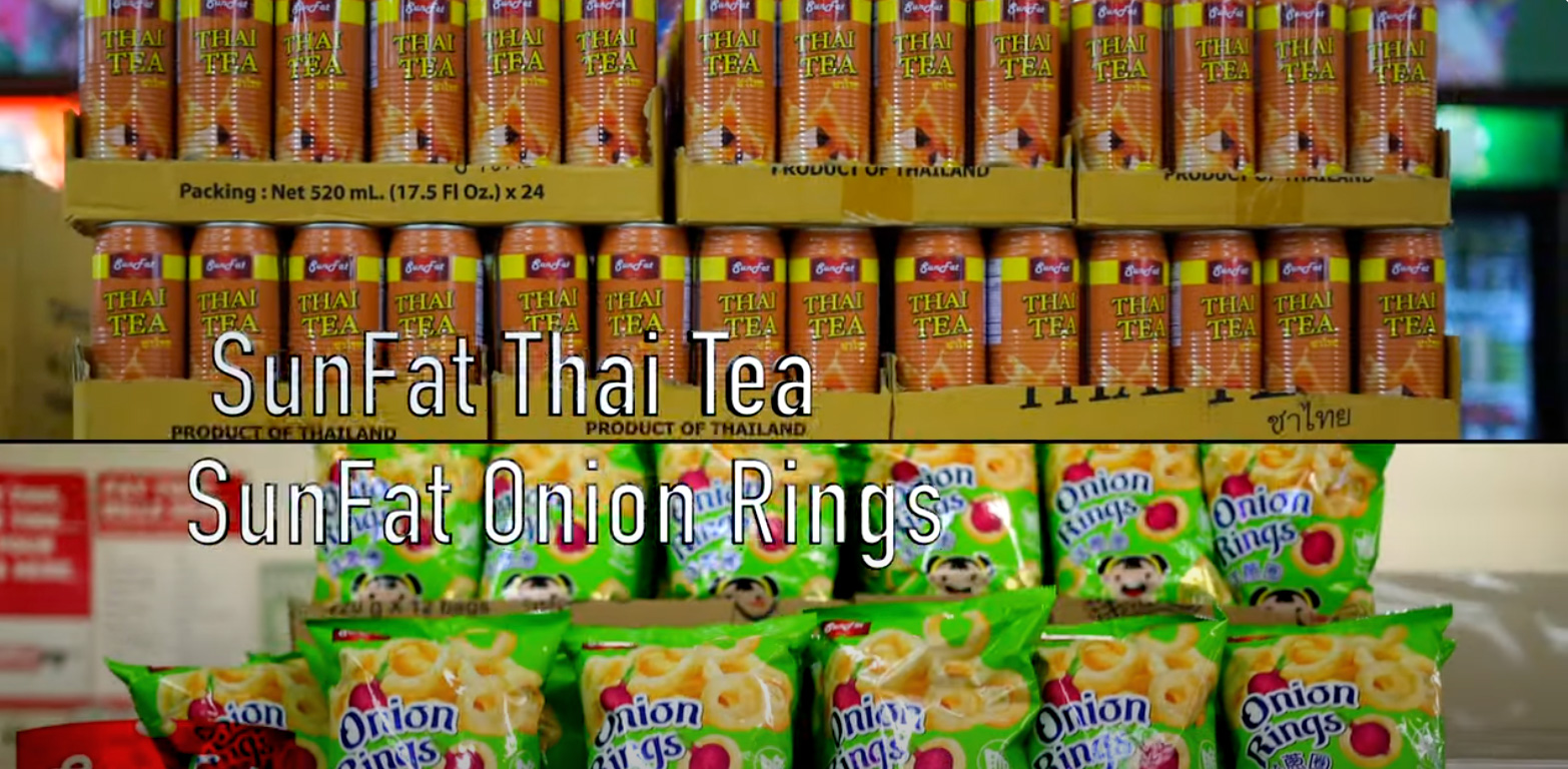 Shopping for Sunfat Premium Thai Tea & Onion Rings at a Supermarket